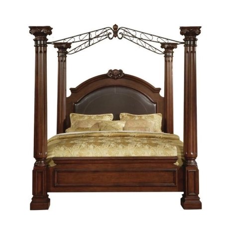 Classic Four Poster Canopy Bed with Carved Wood and Metal Accents