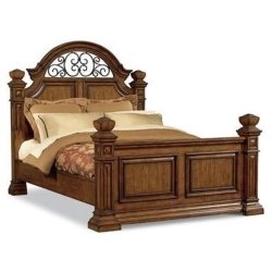 Classic Carved Wood Bed Frame with Ornate Metal Headboard Detail