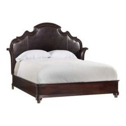 Elegant Dark Brown Wood Bed Frame with Ornate Upholstered Headboard