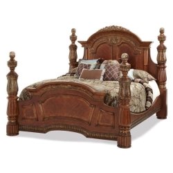Ornate Carved Wooden Four Poster Bed with Headboard and Footboard