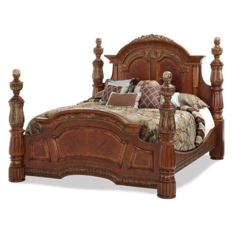 Ornate Carved Wooden Four Poster Bed with Headboard and Footboard