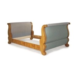 Classic Sleigh Bed Frame with Upholstered Panels and Wooden Scrollwork