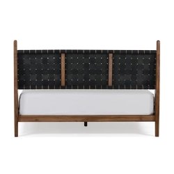 Modern Solid Wood Bed Frame with Woven Leather Headboard
