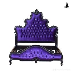 Ornate Gothic Victorian Carved Wood Bed Frame Purple Velvet Upholstery