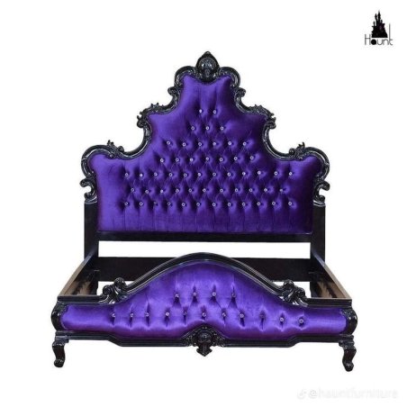 Ornate Gothic Victorian Carved Wood Bed Frame Purple Velvet Upholstery