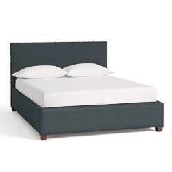 Contemporary Upholstered Bed Frame with Nailhead Trim Headboard