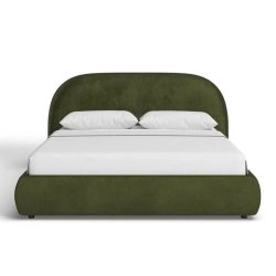 Modern Upholstered Queen Bed with Rounded Headboard in Olive Green