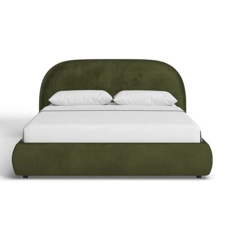 Modern Upholstered Queen Bed with Rounded Headboard in Olive Green