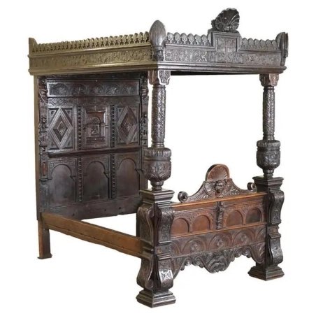 Ornate Carved Dark Wood Four Poster Bed Frame with Canopy