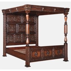 Hand Carved Dark Wood Four Poster Bed