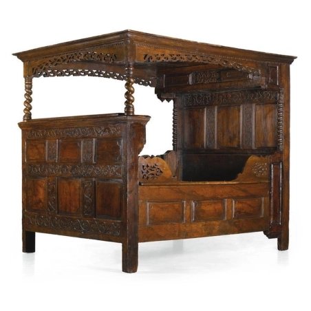 Antique Style Carved Wood Four Poster Canopy Bed
