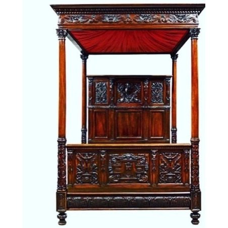 Luxury Intricately Carved Solid Wood Four Poster Bed with Canopy