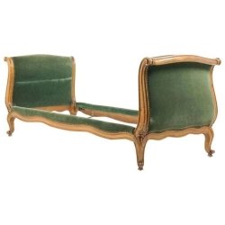 French Antique Style Green Velvet Daybed with Carved Wood Frame