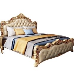 Elegant Carved Luxury Bed with Upholstered Headboard and Footboard
