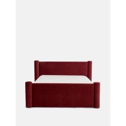Deep Red Velvet Upholstered Bed Frame with Rolled Edges