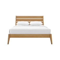 Modern Solid Wood Platform Bed with Slatted Headboard, Natural Wood Finish
