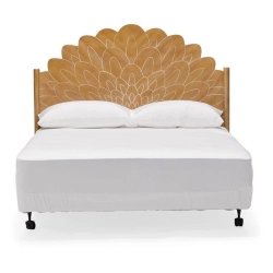 Wooden Bed Frame with Carved Floral Headboard - Bohemian Style