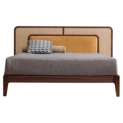 Modern Solid Wood Bed Frame with Rattan Headboard and Fabric Accent