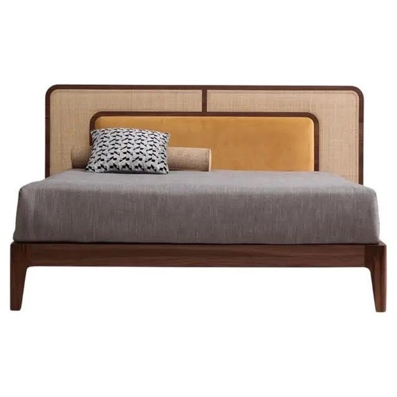 Modern Solid Wood Bed Frame with Rattan Headboard and Fabric Accent Modern Solid Wood Bed Frame with Rattan Headboard and Fabric Accent