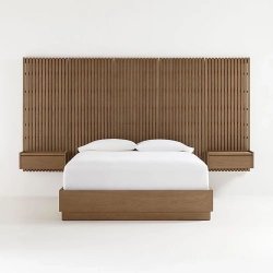Minimalist Modern Slatted Wood Bed Frame with Integrated Nightstands