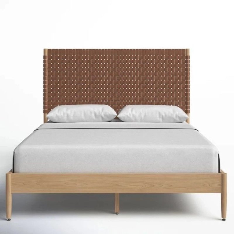 Modern Wood Bed Frame with Hand-Woven Headboard Modern Wood Bed Frame with Hand-Woven Headboard