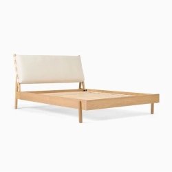 Minimalist Modern Wooden Bed Frame with Cream Upholstered Headboard