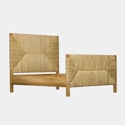 Modern Natural Wood Bed Frame with Woven Fiber Headboard and Footboard