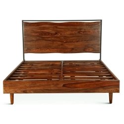 Modern Solid Wood Bed Frame with Metal Accent Headboard