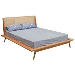 Solid Wood Bed Frame with Rattan Headboard Mid-Century Modern Style