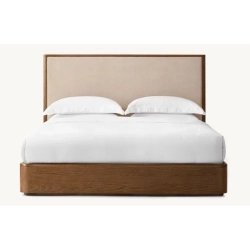 Minimalist Modern Wooden Bed Frame with Beige Upholstered Headboard