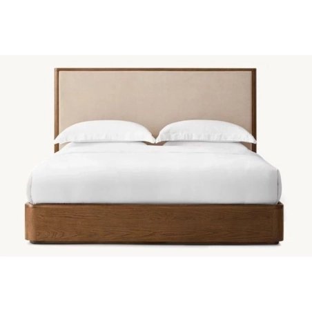 Minimalist Modern Wooden Bed Frame with Beige Upholstered Headboard