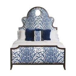 Upholstered Bed with Blue Animal Print Fabric and Wood Frame