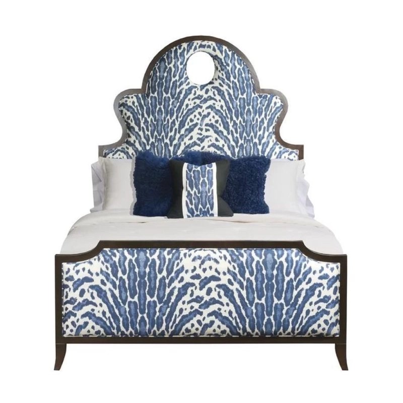 Upholstered Bed with Blue Animal Print Fabric and Wood Frame Upholstered Bed with Blue Animal Print Fabric and Wood Frame