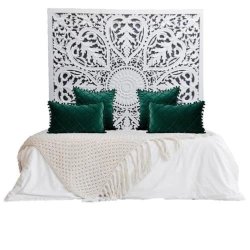 Elegant Hand Carved White Wood Bed Headboard