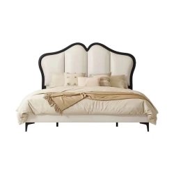 Elegant Upholstered Bed Frame with Sculpted Headboard and Metal Legs