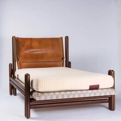 Mid-Century Modern Daybed Sofa with Leather Sling Back and Wood Frame