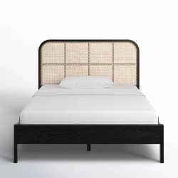 Modern Black Wood Bed Frame with Natural Rattan Headboard