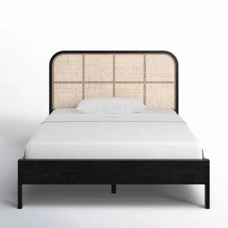 Modern Black Wood Bed Frame with Natural Rattan Headboard