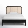 Modern Black Wood Bed Frame with Natural Rattan Headboard