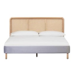 Modern Mid-Century Rattan Headboard Bed with Upholstered Base | Wood Frame Queen Size