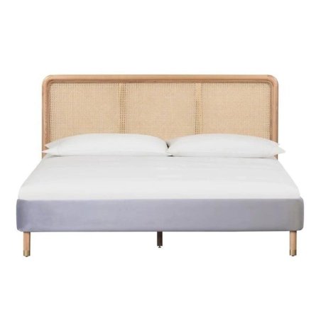 Modern Mid-Century Rattan Headboard Bed with Upholstered Base | Wood Frame Queen Size