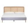 Modern Mid-Century Rattan Headboard Bed with Upholstered Base | Wood Frame Queen Size