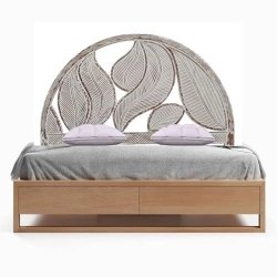Exquisite Wooden Bed with Hand-Carved Leaf Headboard and Storage Drawers