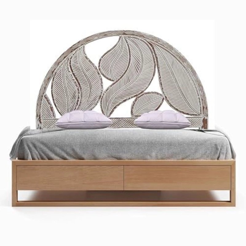 Exquisite Wooden Bed with Hand-Carved Leaf Headboard and Storage Drawers Exquisite Wooden Bed with Hand-Carved Leaf Headboard and Storage Drawers