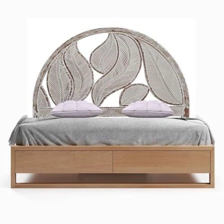 Exquisite Wooden Bed with Hand-Carved Leaf Headboard and Storage Drawers