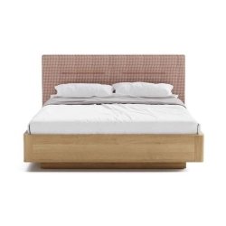 Modern Solid Wood Bed Frame with Patterned Fabric Headboard