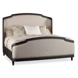 Elegant Classic Upholstered Bed with Dark Wood Frame and Nailhead Trim