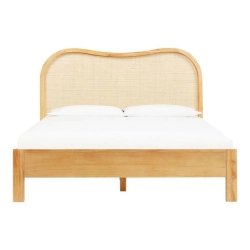 Modern Natural Wood Bed Frame with Woven Rattan Headboard
