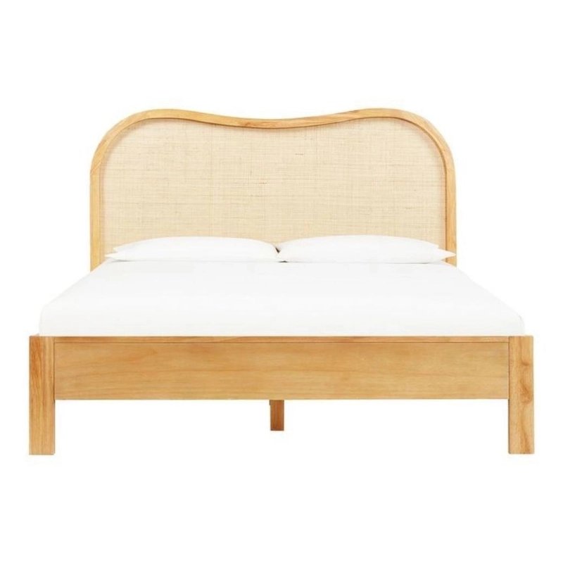 Modern Natural Wood Bed Frame with Woven Rattan Headboard