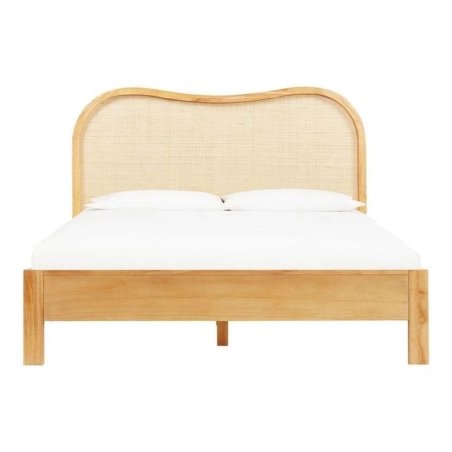 Modern Natural Wood Bed Frame with Woven Rattan Headboard